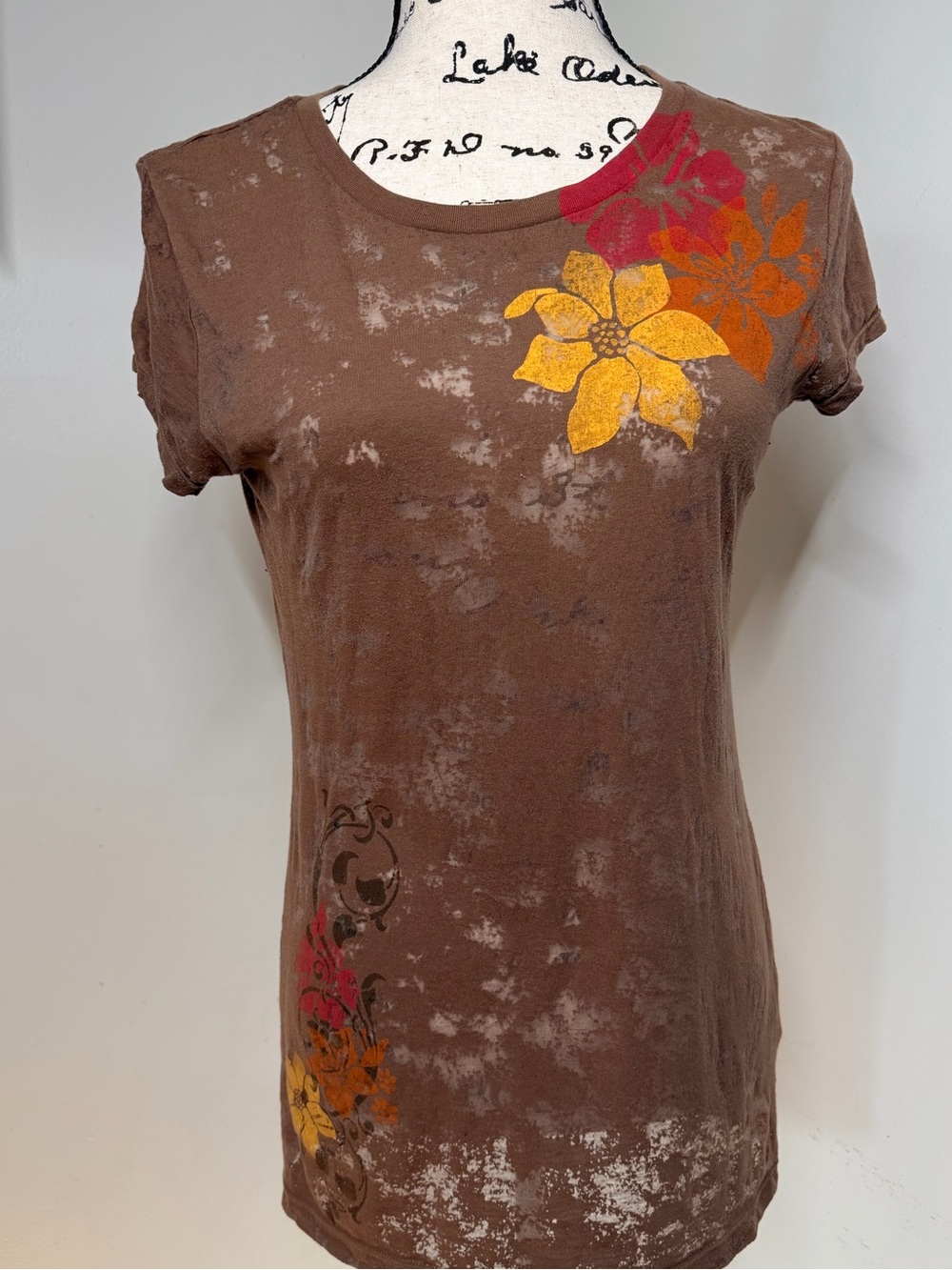 Aéropostale Y2K Brown Semi Sheer Burnout Floral Graphic Tee L Grunge Boho